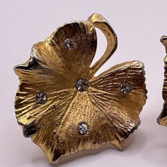 Coro Vintage Gold Tone Leaf Rhinestone Brooch and Screw Back Earring Set AL5.1 - Picture 12 of 16